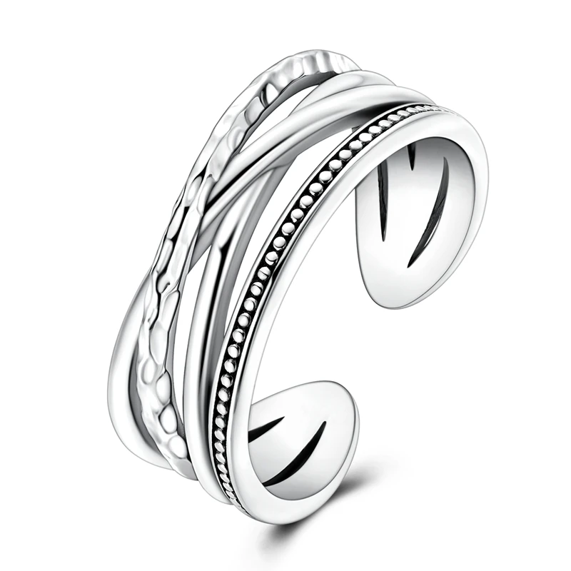 925 Sterling Silver Ring Sparking Original Multi-layered Textured Open Rings For Women Girls Jewelry Birthday Anniversary Gifts