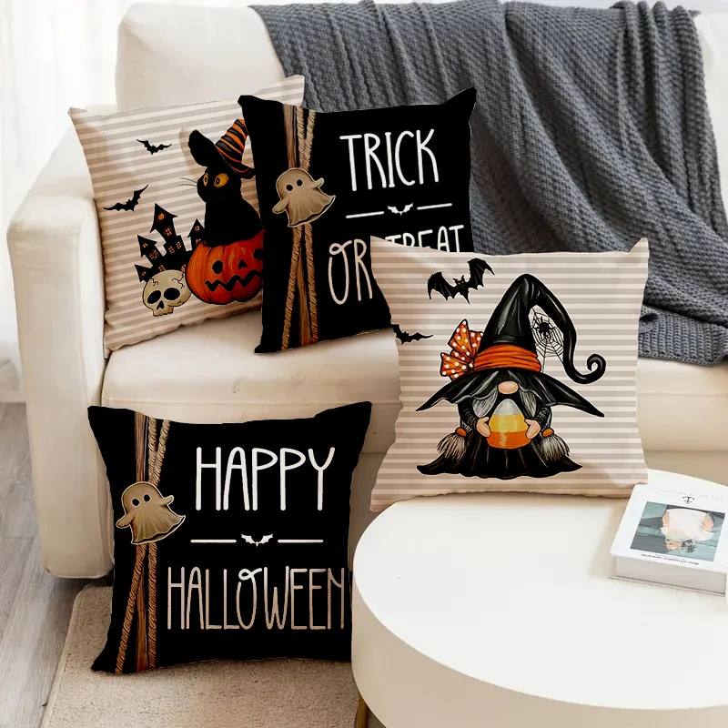 

Halloween Pumpkin Trick Or Treat Pattern Printed Square Pillowslip Linen Blend Cushion Cover Pillowcase Living Room Home Decor