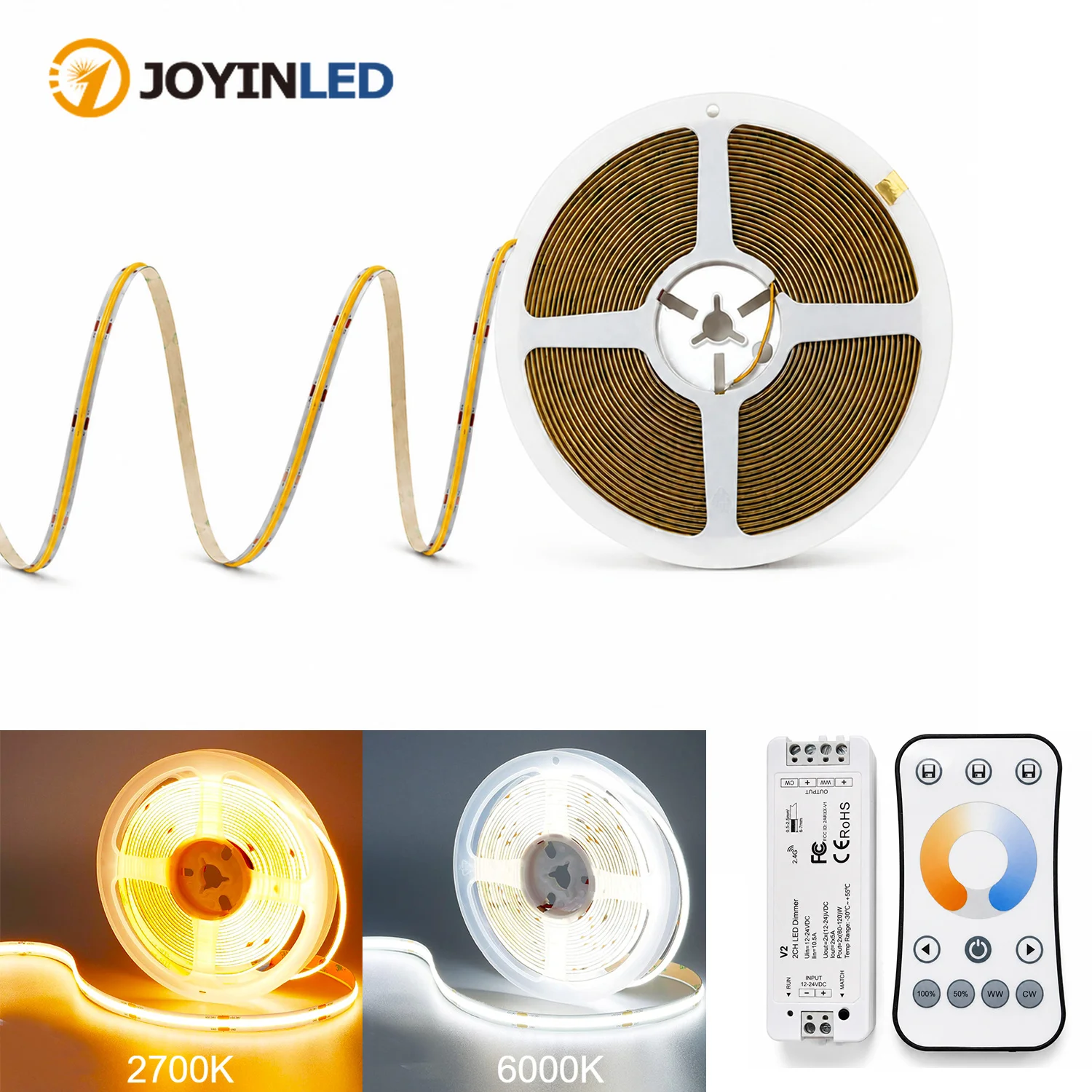 JOYINLED 10M 24V CCT COB LED Strip Light 576 LEDs/m 8mm High Density Flexible Tape 2700K 6000K Dual Color Linear Home Lighting