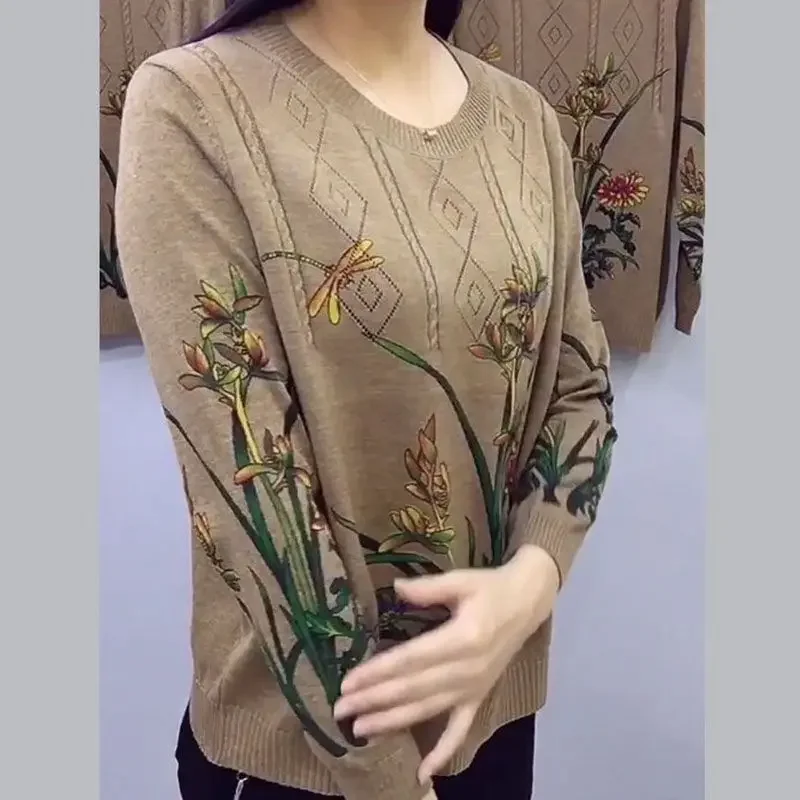 

Round Neck Printed T-shirt Small Minimalist Shirt Top Long Sleeved Spring Autumn Women's New Middle-aged and Elderly Outfit