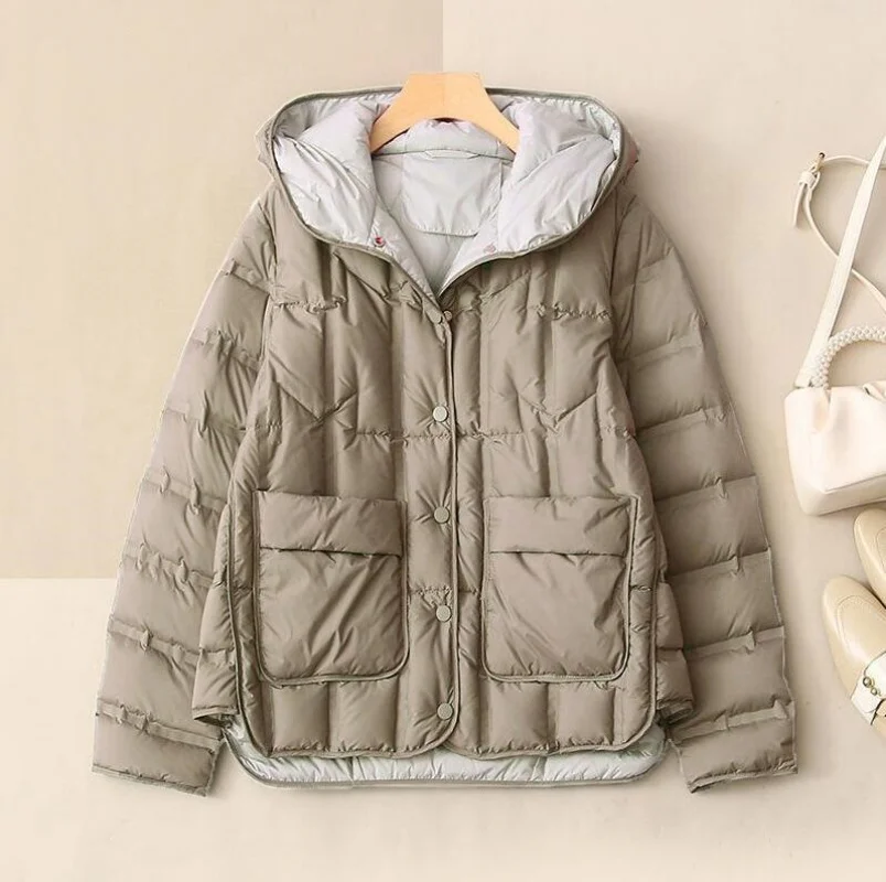 2025 hiver femmes 90% duvet de canard blanc manteau femme col montant simple boutonnage doudoune décontracté ample à capuche Parkas