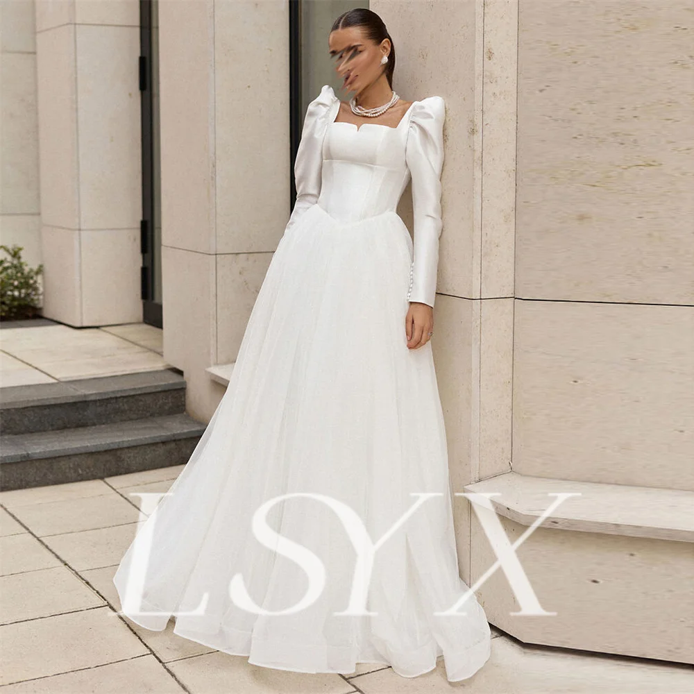 LSYX Square Neck A-Line Sweep Train Floor Length Long Sleeves Solid Color Earthy Wedding Dress Backless Empire High Quality