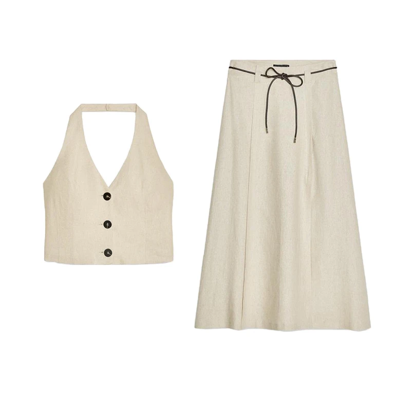 Casual Lin Blend Svel V-Ne Top with  Knot Decor Midi Skirt Two-Piece Set Ele Sle for Women Spring Summ...