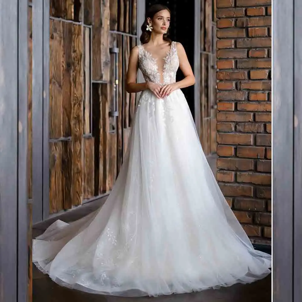 Robe de Mariée en Tulle Perlé avec Bretelles Spaghetti, Fente Latérale, Ligne A, Dos aux, Patients