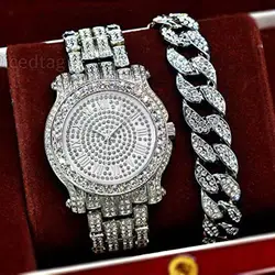 Silver Gold Watch + Bracelet Watches Set Hip Hop Miami Curb Cuban Chain Iced Out Paved Rhinestones Bling Rapper for Men Jewelry