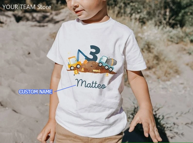 Personalized Excavator Birthday Shirt, Custom Name Number Construction Site Tee, Wheel Loader Gift for Youth Boys Aged 2-6