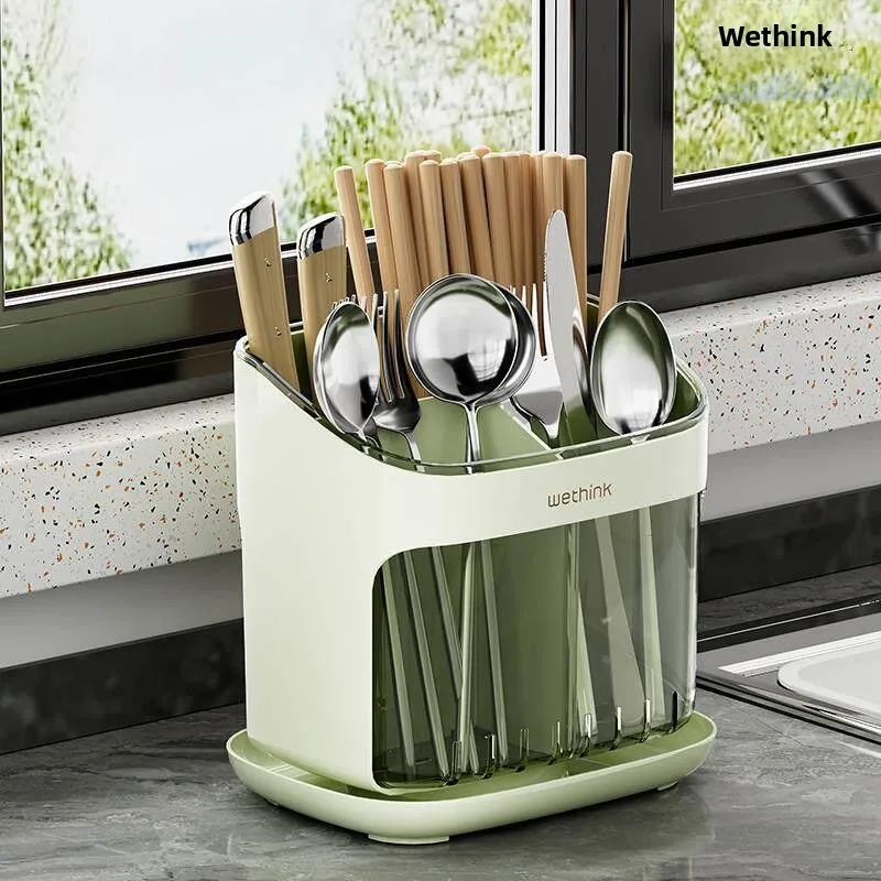 

High-End Multi-Functional Chopsticks Storage Box Hanging Hole-Free Drainable Spoon Chopsticks Holder Square Plastic Chopstick...
