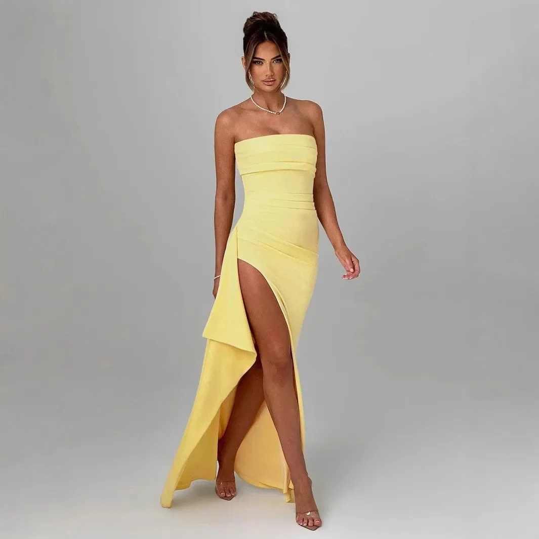 

2025 Summer New Sexy Strapless Dress Side Slit Irregular Hem Bodycon Mini Skirt Euro American Style Women Fashion