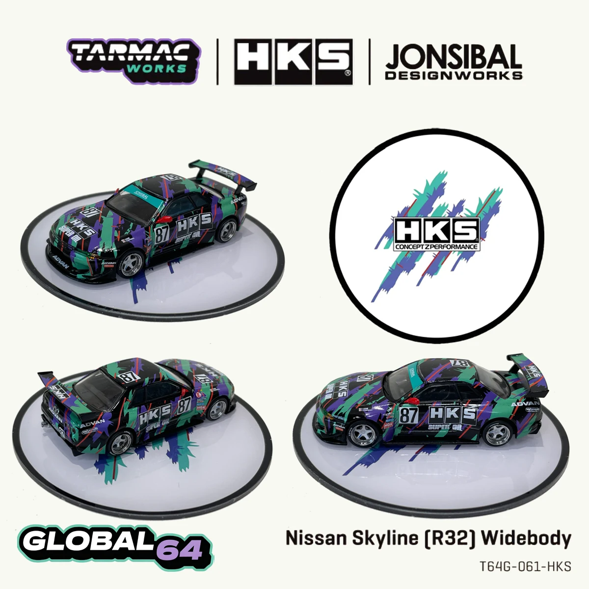 In Stock Ready To Ship Tarmac Works 1:64 Nissan Skyline (R32) Widebody HKS #87 Trading Card Inside Diecast Car Model
