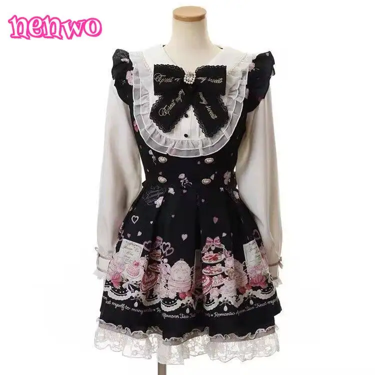 Японское кавайное платье Лолиты со стразами и бантом, женское милое платье-рубашка с мультяшным принтом, кружевное платье-рубашка с жемчугом, готическое платье для чаепития Y2k, OP