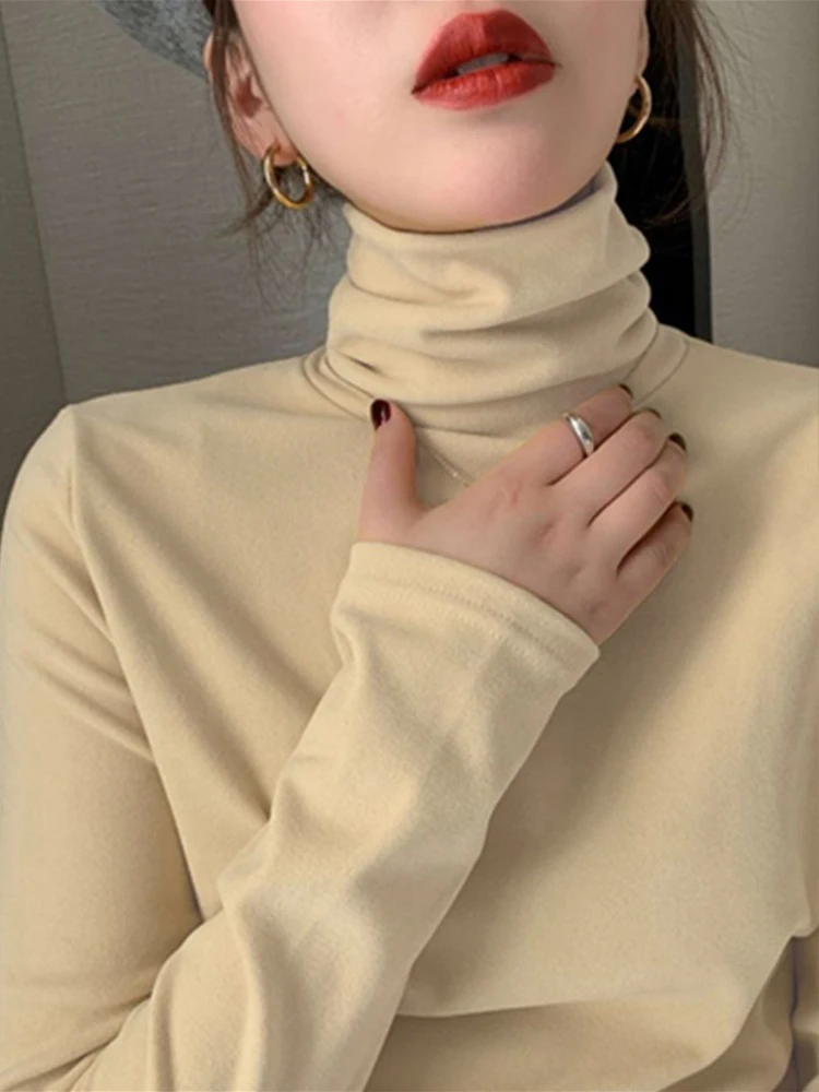 FINETOO Pile Collar Long Sleeve Women Top Soft Thermal Shirt Elastic Slim Fit Basic Layer Shirt Winter Warm Long Sleeve Blouse