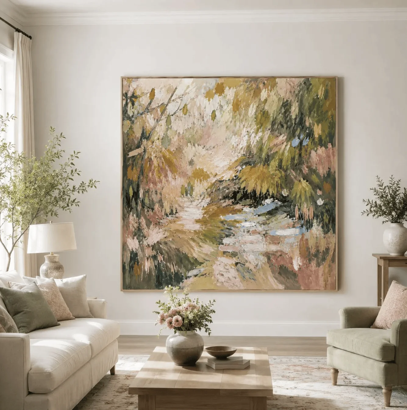 Pastel Forest Stream Landscape Canvas Prints, Palette Knife Creek Scenery Posters Living Room Bedroom Farmhouse Home Decor