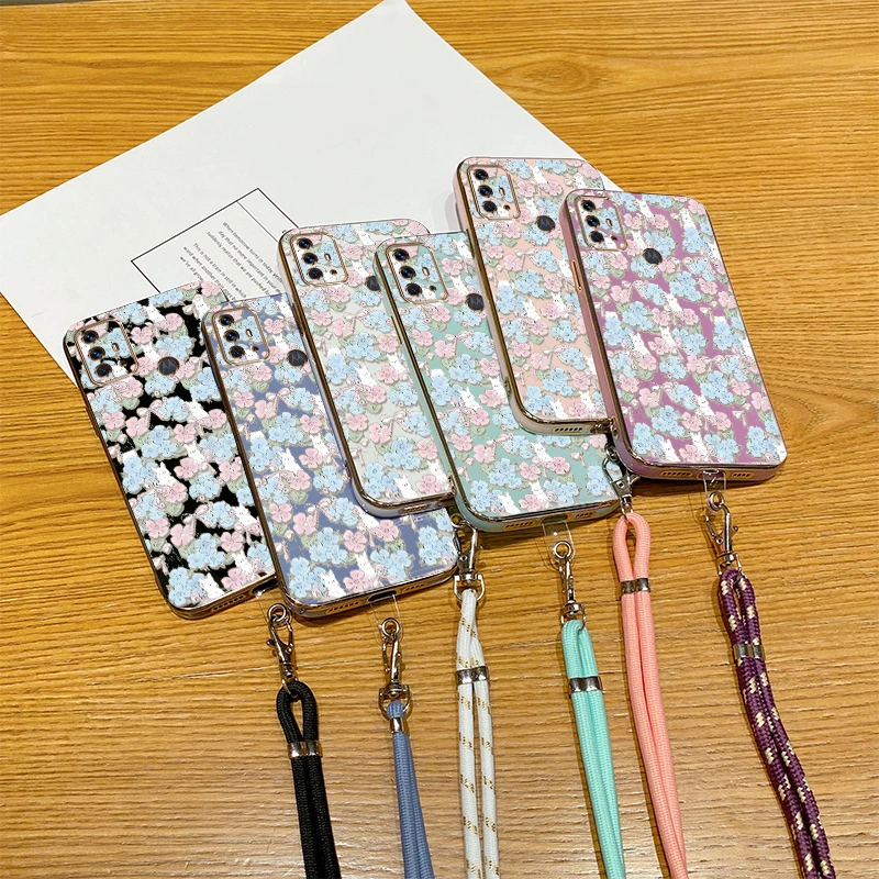 G 30 G 20 Blue Flower Luxury Plating Phone Case For Motorola Moto G30 G54 G84 G23 G72 G42 G9Plus G53 G31 G22 G8Play G20 Cover