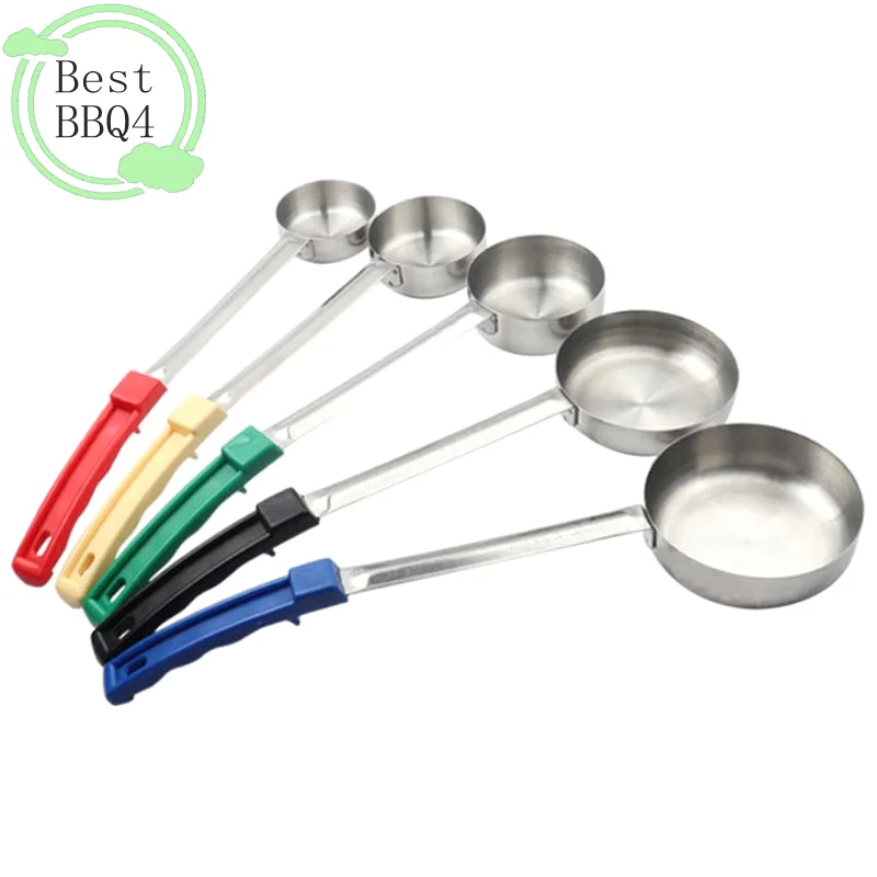 BBQ4 Stainless Steel Sauce Spoon With Long Rubber Handle Anti-Hot Pizza Spread Ladle Measuring Soup Spoon Kitchen Tableware