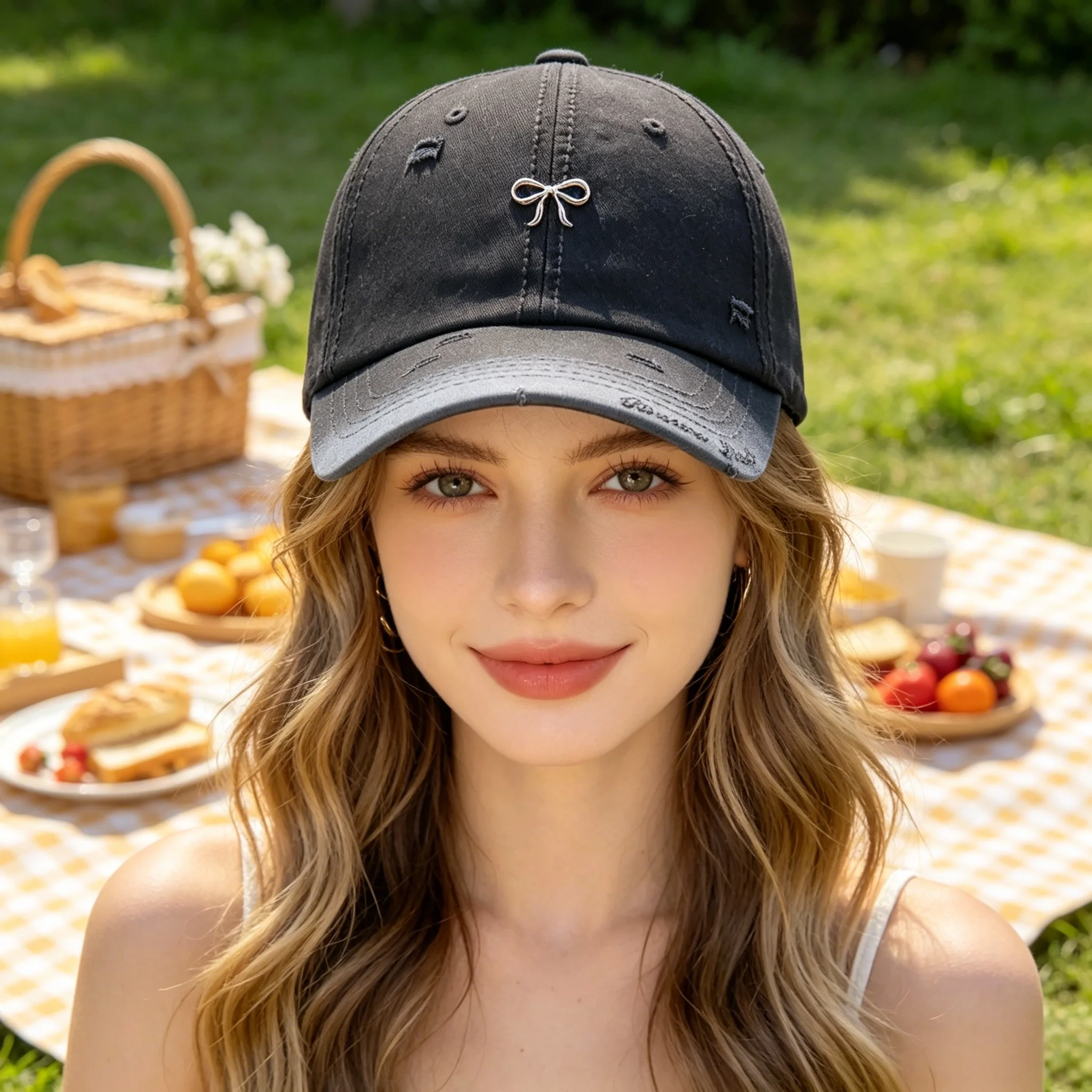 Distressed Baseball Cap with Bow and Small Label, American Retro Vibe Gradient Soft-Top Cap, Vintage Washed Versatile Sunshade Hat, Suitable For: Shopping, Outdoor Picnics, Driving, Commuting, Friend Gatherings, Everyday Outings