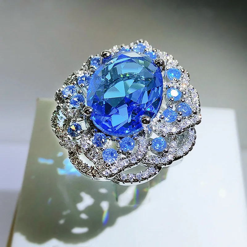 Women's Sparkling Blue Zircon Large Flower Ring, 925 Silver