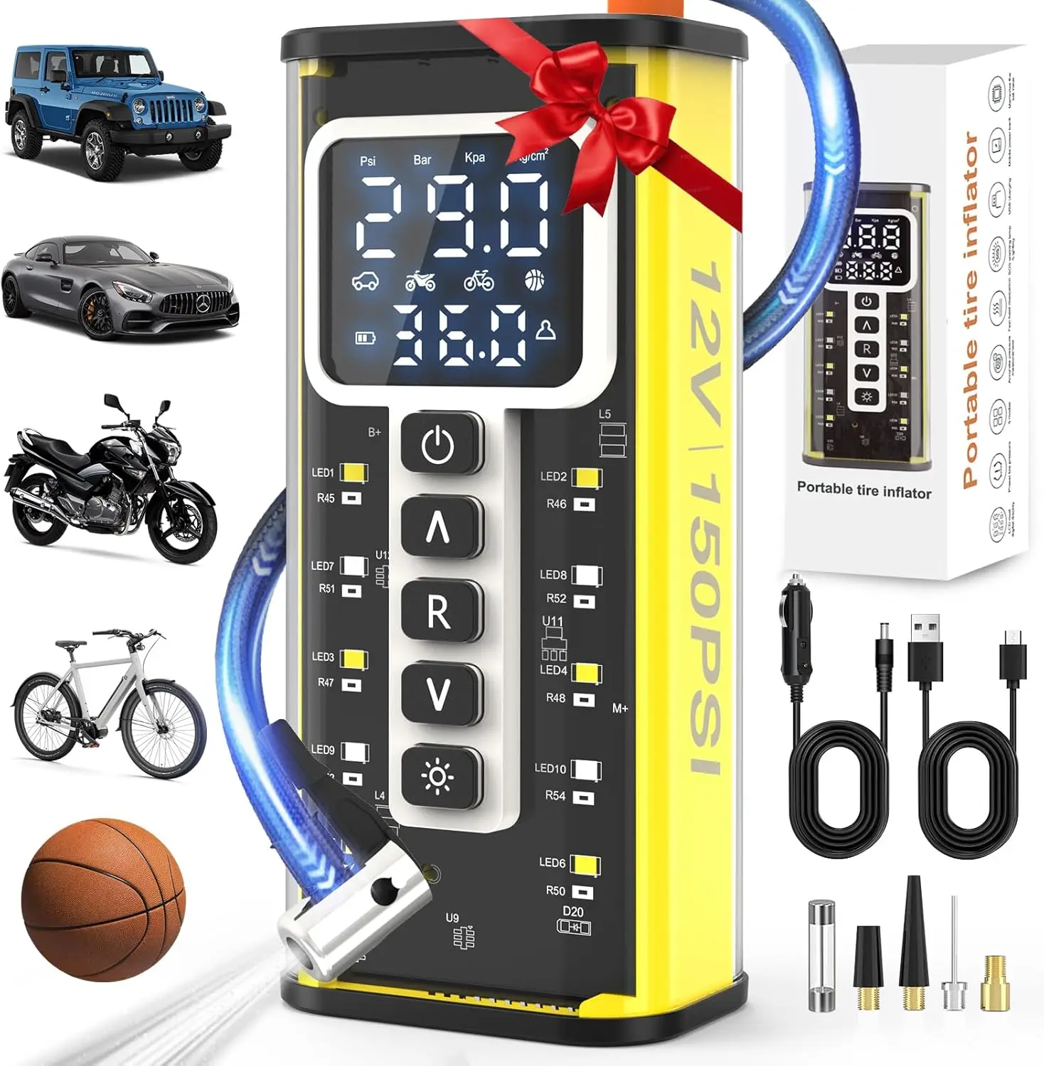 

Portable Cordless Air Pump with Digital Gauge, LED Light & Auto Shut-Off for Car, Motorcycle, Bike Tires and Sports Balls