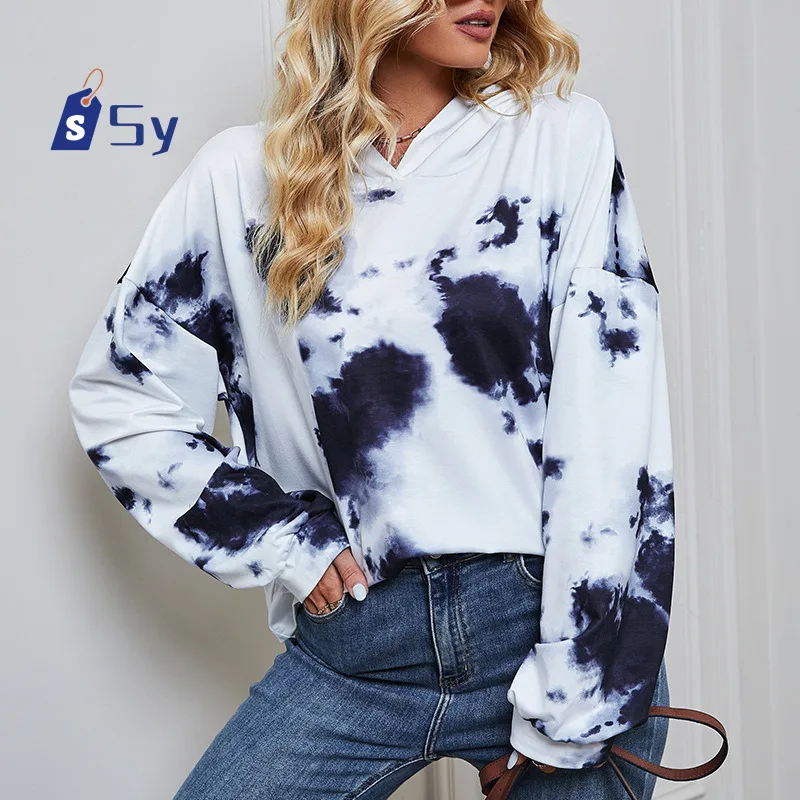 

Sy Women Long Crop Hooded Tie-dye Print Sweatshirt Crop Top Hoodies Pullover Top Blouse Harajuku Hoodie Streetwear Women Top