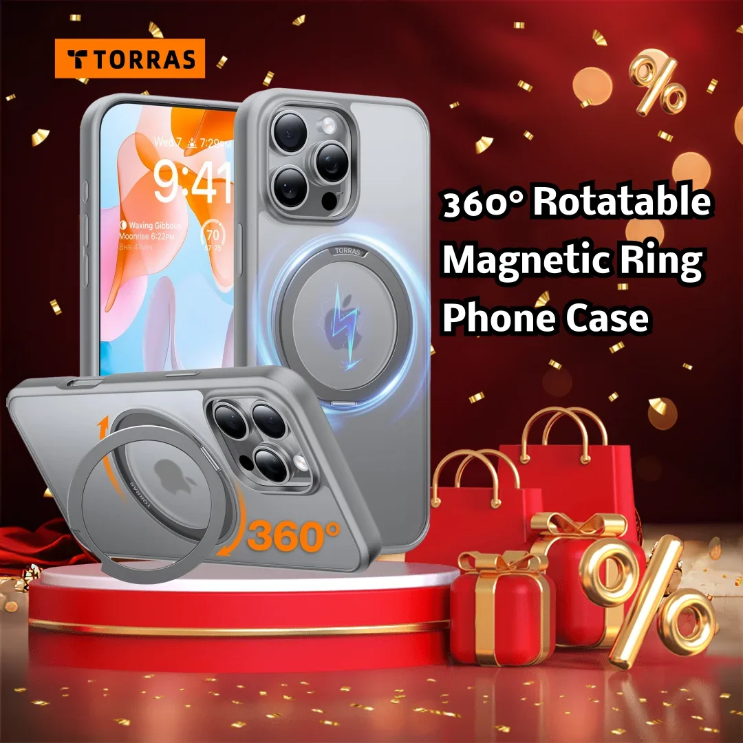 TORRAS Q1S Translucent Phone Case for iPhone 16 15 Pro Max 360° Rotating Magnetic Ring, Compatible with MagSafe with Ring Stand