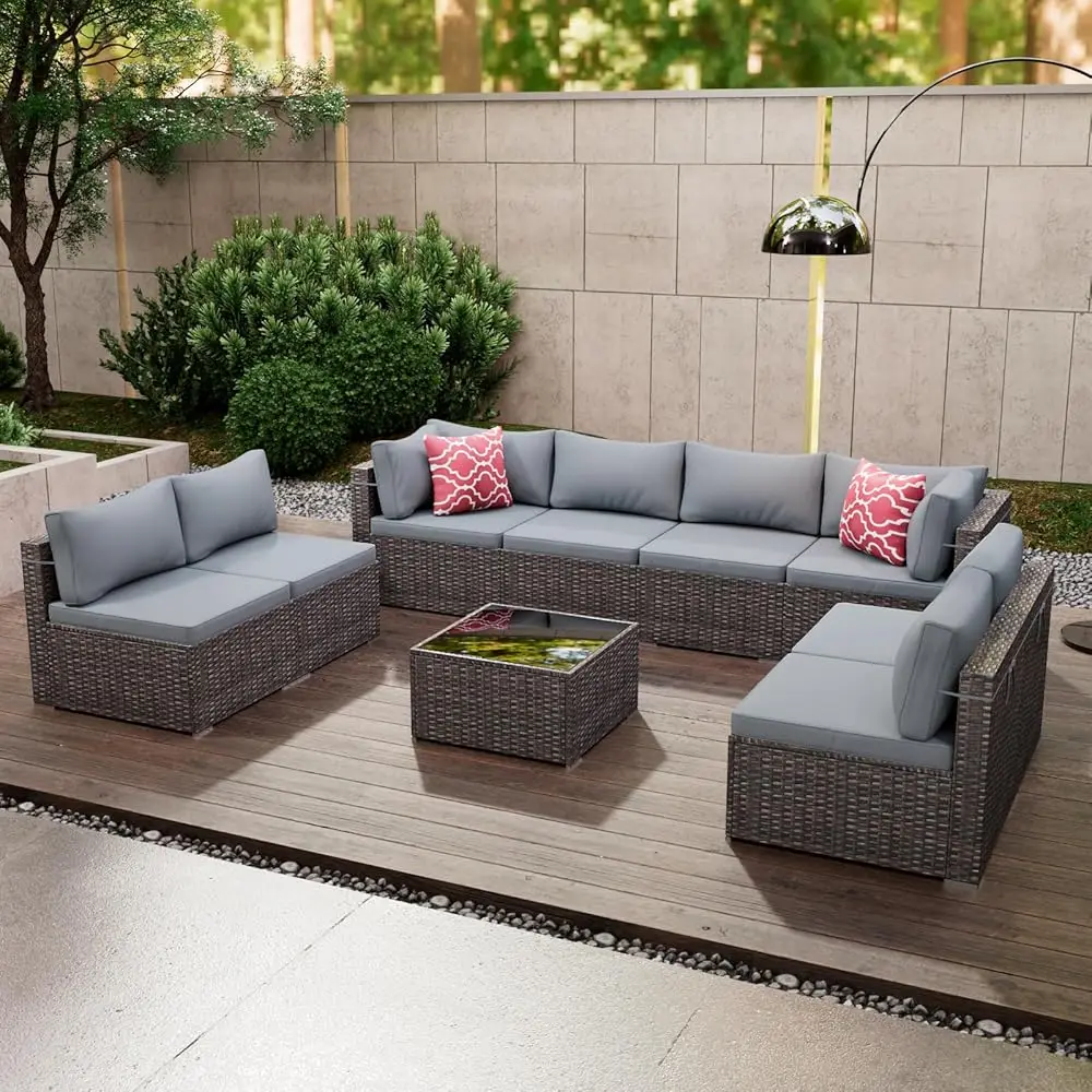 

9 Pieces Outdoor Patio Furniture Set, Wicker Patio Conversation Sectional Sofa Set, All Weather Pe Rattan Sofa With Glass Table