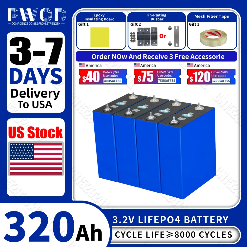 US Stock 320AH Lifepo4 Battery Rechargeable lithium iron phosphate batteries DIY 12V 24V 48V For EV Golf Cart Boat with busbars