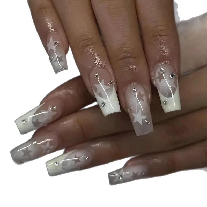 

2026 New Minimalist French Rhinestone Nail Art Collection: Sweet French Star Rhinestone Long Nail Art