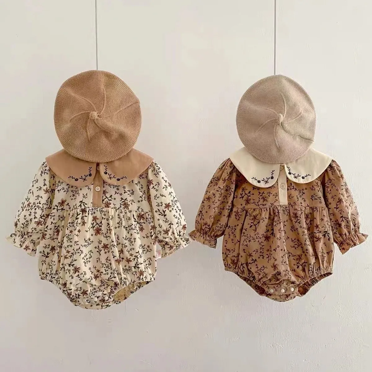 Fragmented Floral Rompers Embroidered Doll Collar Fashionable Spring and Autumn New Floral Long Sleeved Cotton Rompers