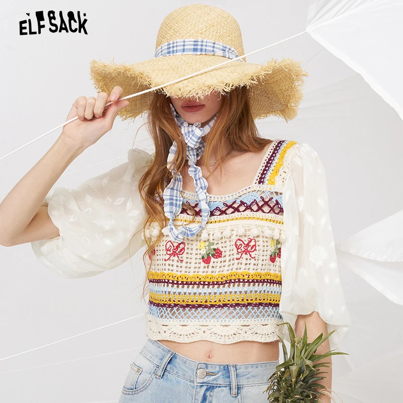 

ELFSACK Sweet Crochet Knit Crop Top, топ в стиле бохо с вышивкой клубничным узором, короткий трикотажный топ с вырезами для летнего пляжа