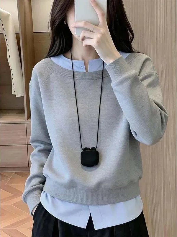 Loose Fit Color Block Long Sleeve Hoodie Women's Fashionable Slimming Top Trendy Korean Style Grey Gradient Design Sweatshirt