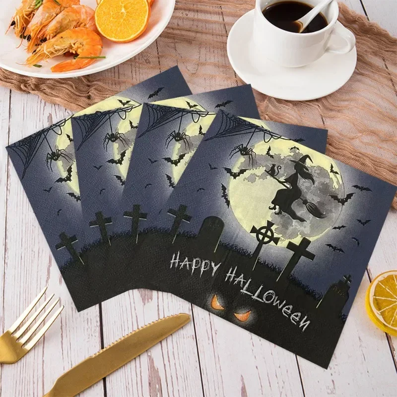 20 piezas/Pac-servilletas de papel decorativas, manteles individuales de 2 capas con temática de la serie de brujas de Halloween, impresión creativa escalofriante, 33x33cm