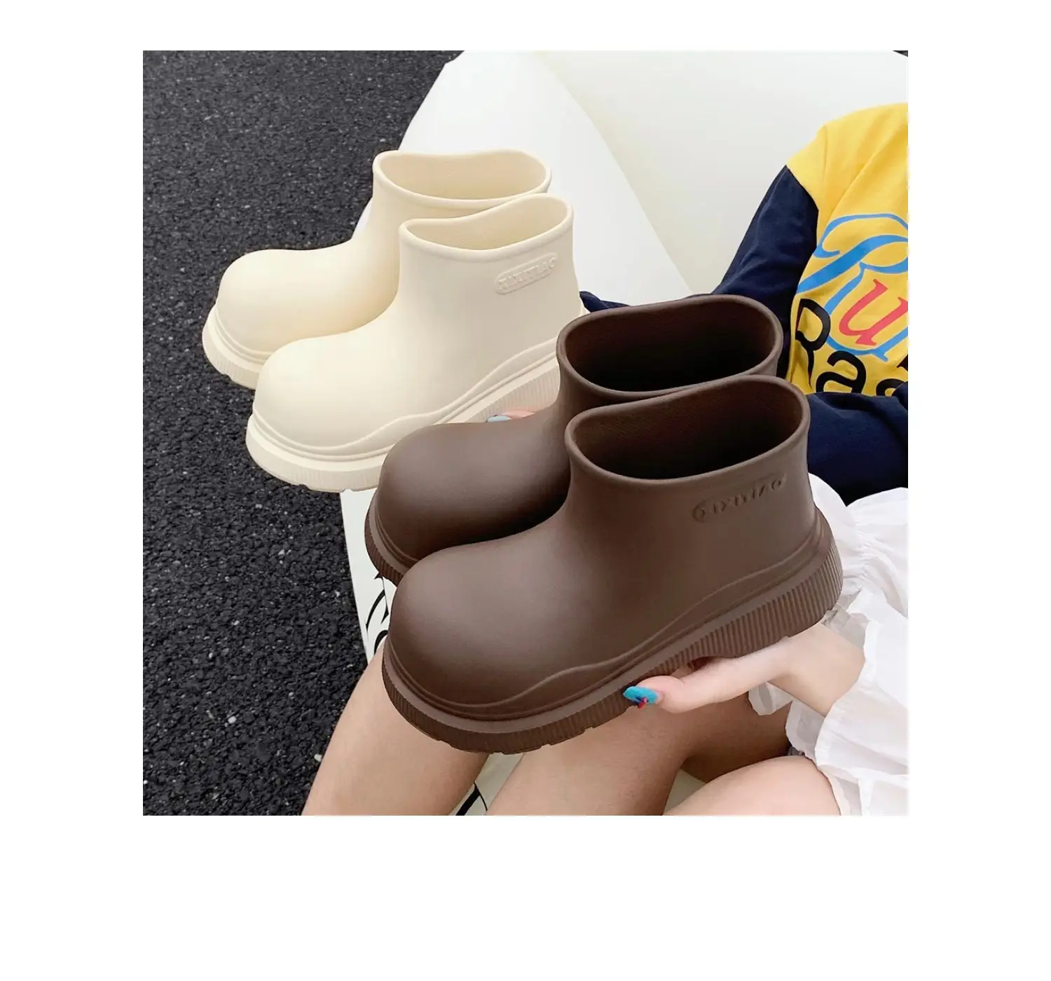 Beige Damen-Galoschen, wasserdichte Knöchel-Regenstiefel, Damen-Korean-Stil, lose Regenstiefel, Wasserschuhe, Damen, neue Regenschuhe mit breiter Zehenpartie – Detail 7