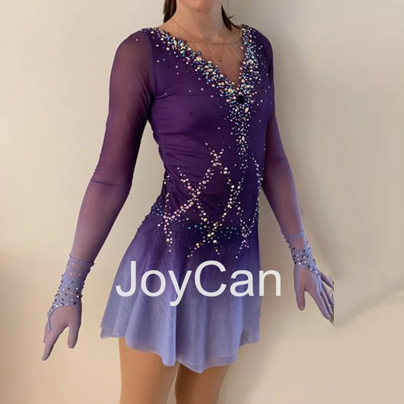 JoyCan Ice Figure  Skating  Dress Girls Purple Spandex Stretchy Competition Dance Wear Customized