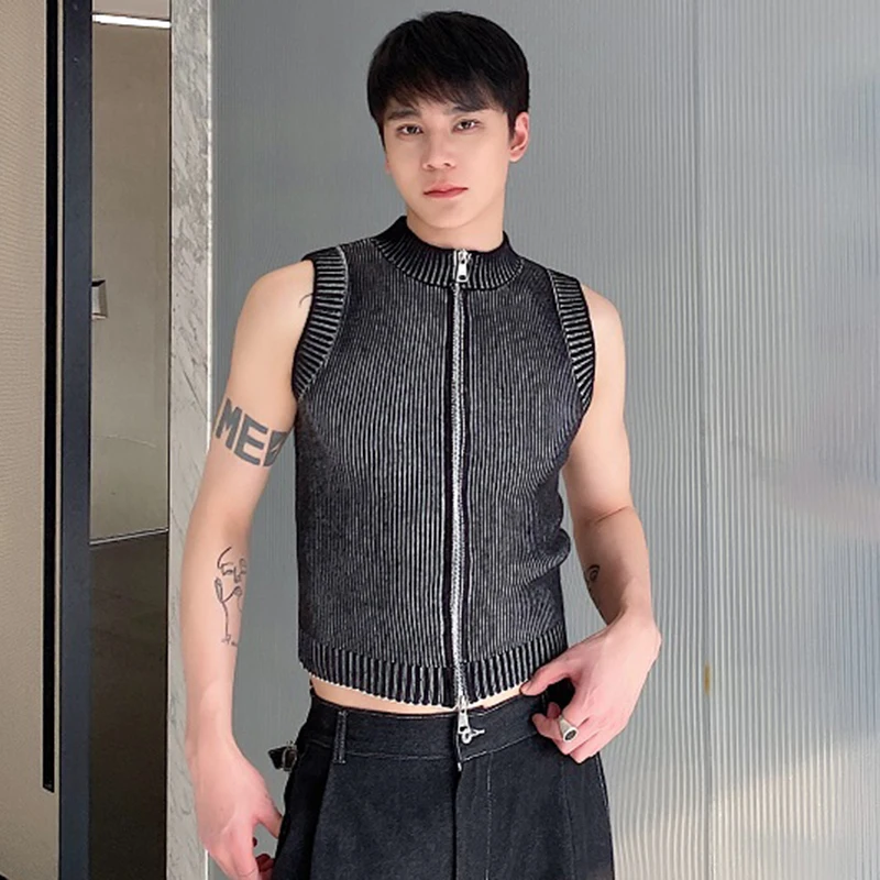 IEFB Male Knit Vest Casual Stand Collar Zipper Solid Color Elasticity Men Knitting Sleeveless Top 2024 spring New Stylish 9C4960