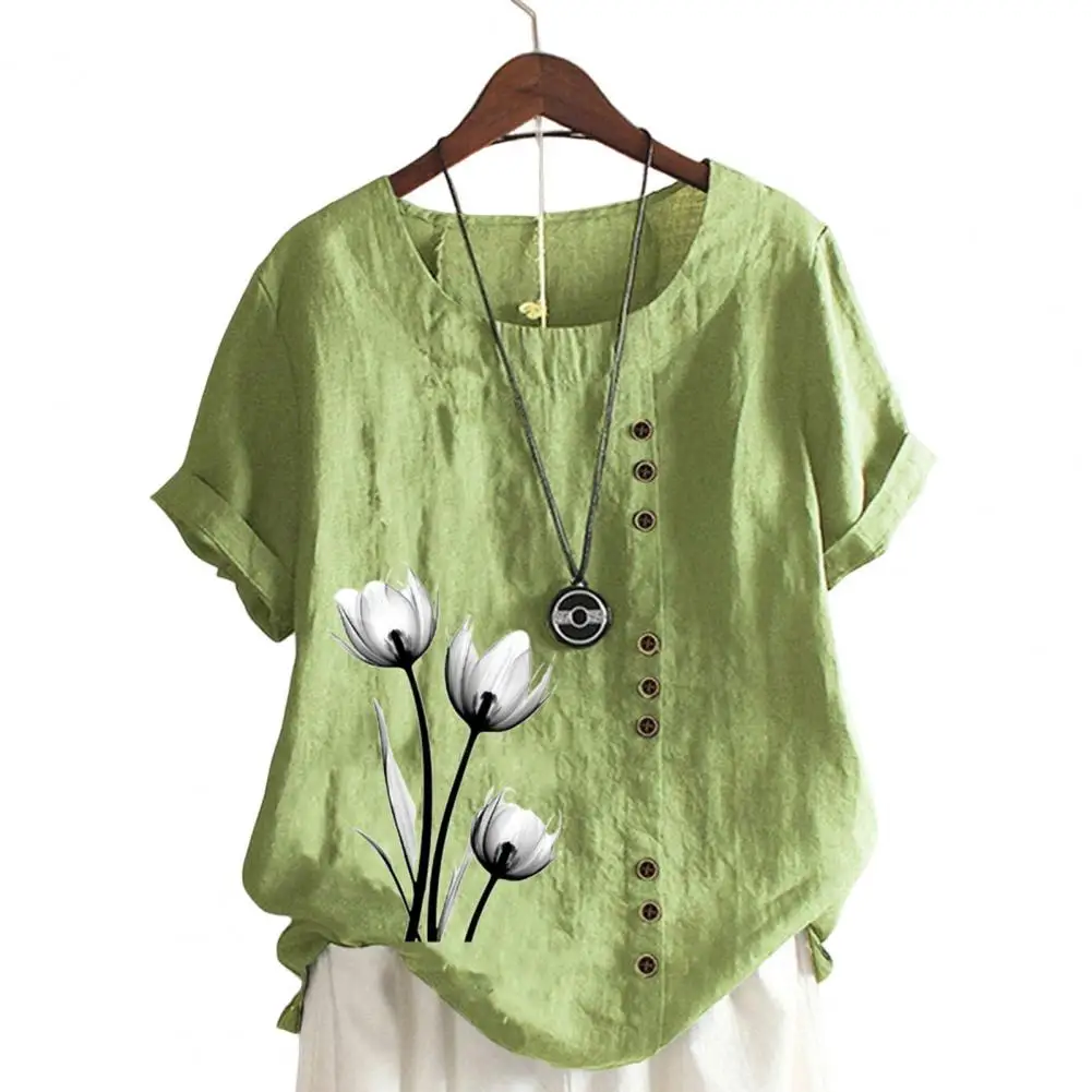 เสื้อยืดผู้หญิงฤดูร้อนปี 2025 แขนสั้น คอกลม แบบสวม ติดกระดุม ลายดอกไม้ สไตล์วินเทจ เสื้อผู้หญิง
