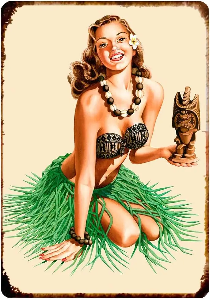Vintage Tin Sign Hawaii Pin Up Girl Beauty Sexy Girl Wall Decoration Poster Bar Restaurant Metal Tin Sign 12x8inchQ sign
