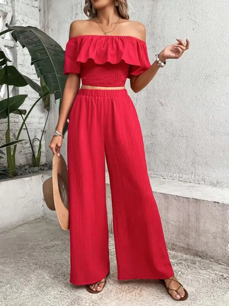 Summer new casual temperament commuter solid color one line shoulder blazer solid color wide leg pants