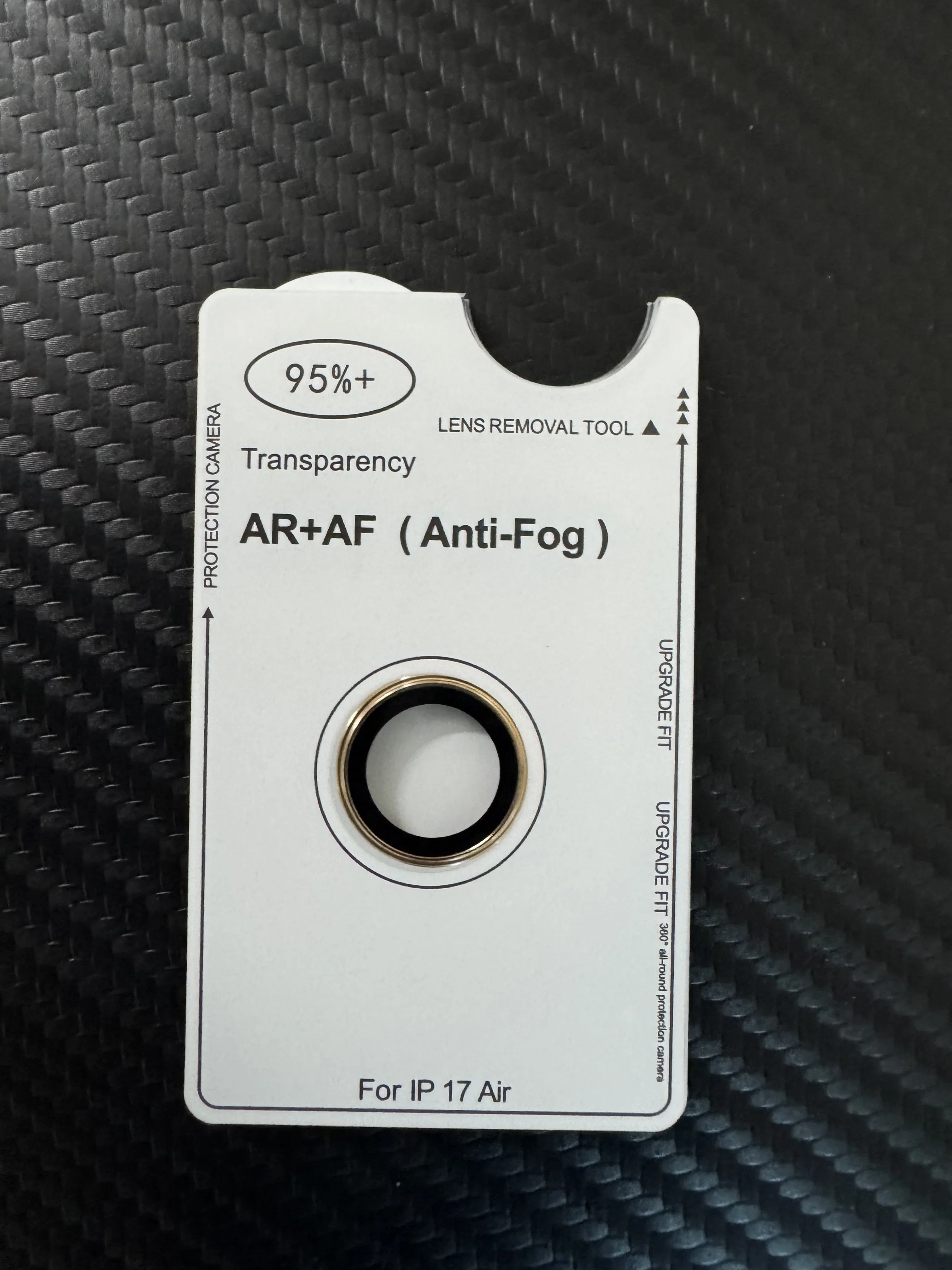 Oryginalna folia ochronna ze szkła hartowanego na tylną kamerę iPhone 17 Air, z powłoką AR AF zapobiegającą parowaniu, w kolorach czarnym, srebrnym, szarym i złotym.