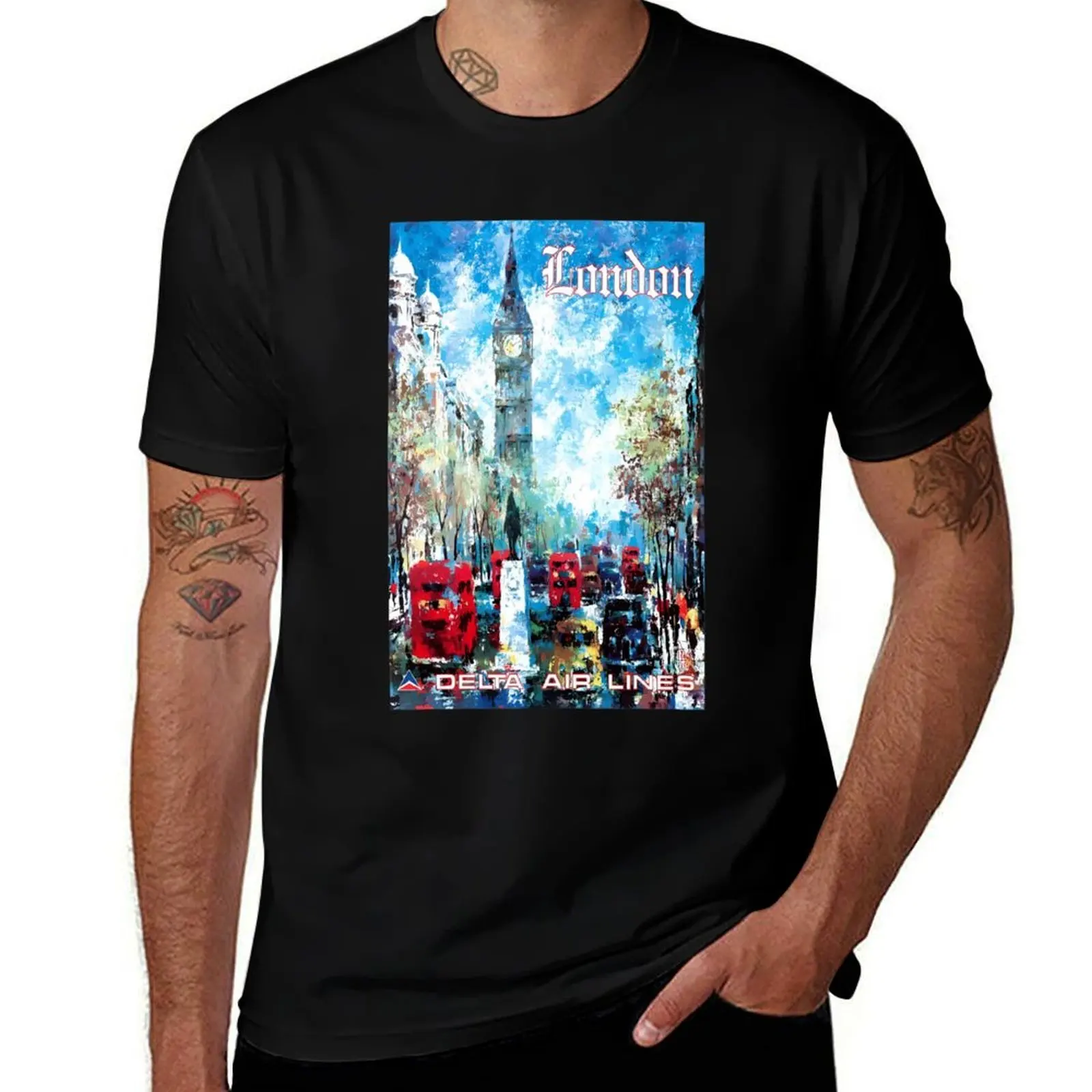 

Vintage Travel Poster - London by Delta Air Lines T-Shirt korean fashion tees Luxury man quick drying mens designer t shirt