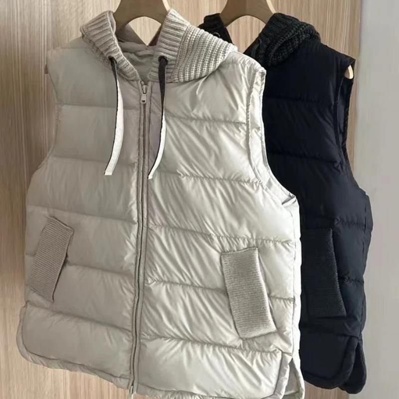 Autumn and Winter Women\'s  Knitted Patchwork  Short  Down Vest Casual Loose Versatile Hood Zipper Warm  Sleeveless  Coat