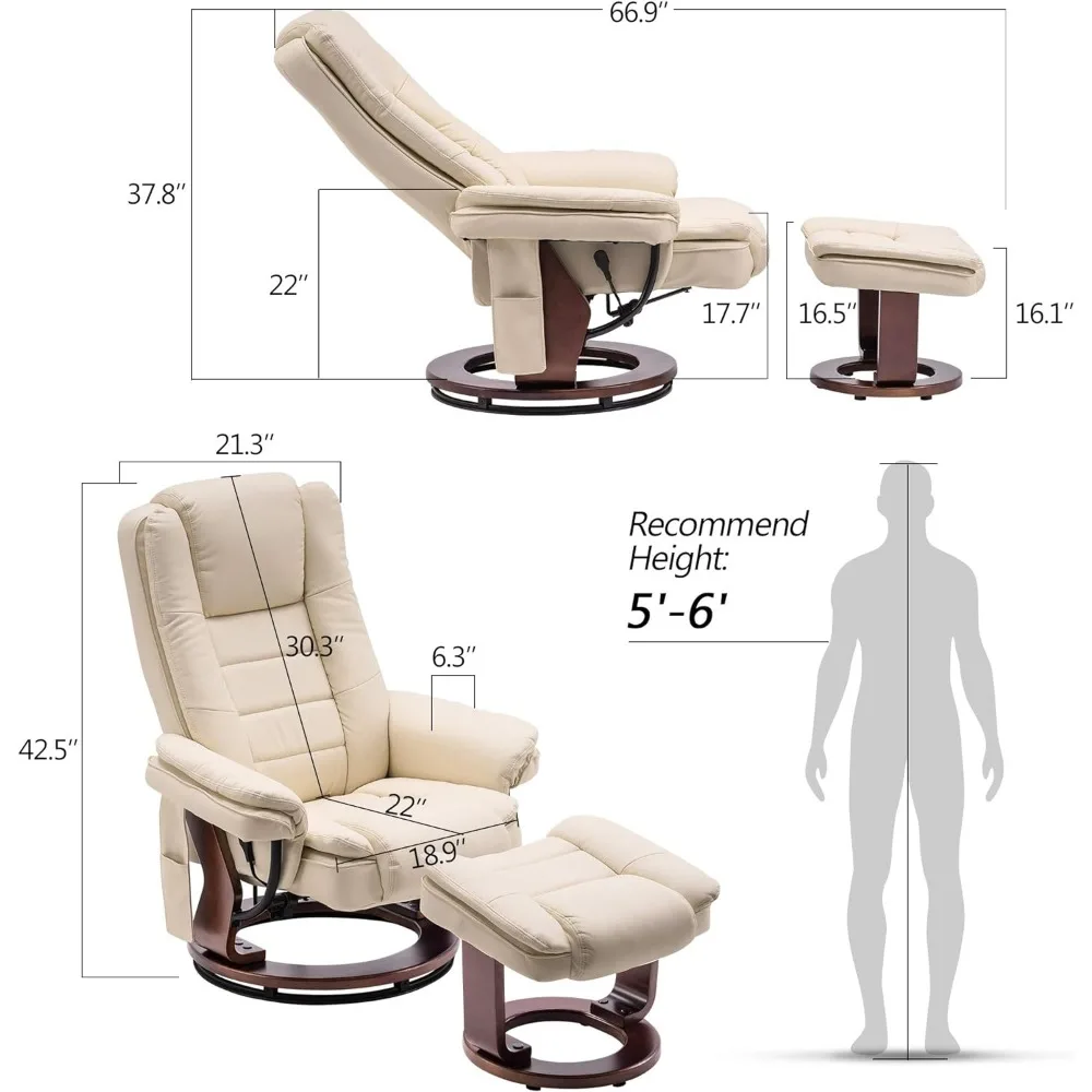 Lying chair with Ottoman chair, vibration massage, waist pillow, 360 degree rotating wooden base, synthetic leather, recliner