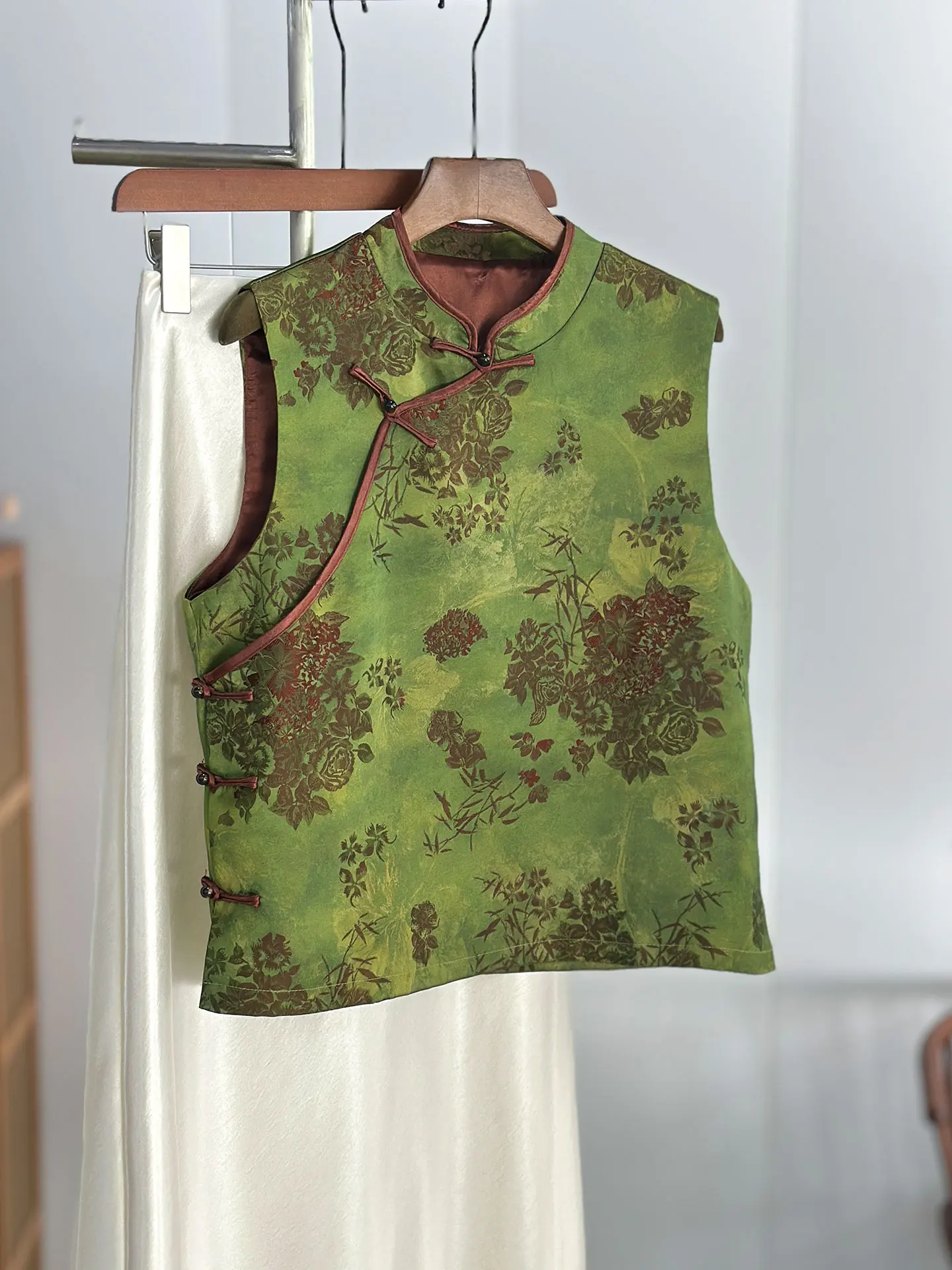Green High-Grade New Chinese Xiangyun Yarn Vest Spring and Autumn Outdoor Daily Improve Suit Top
