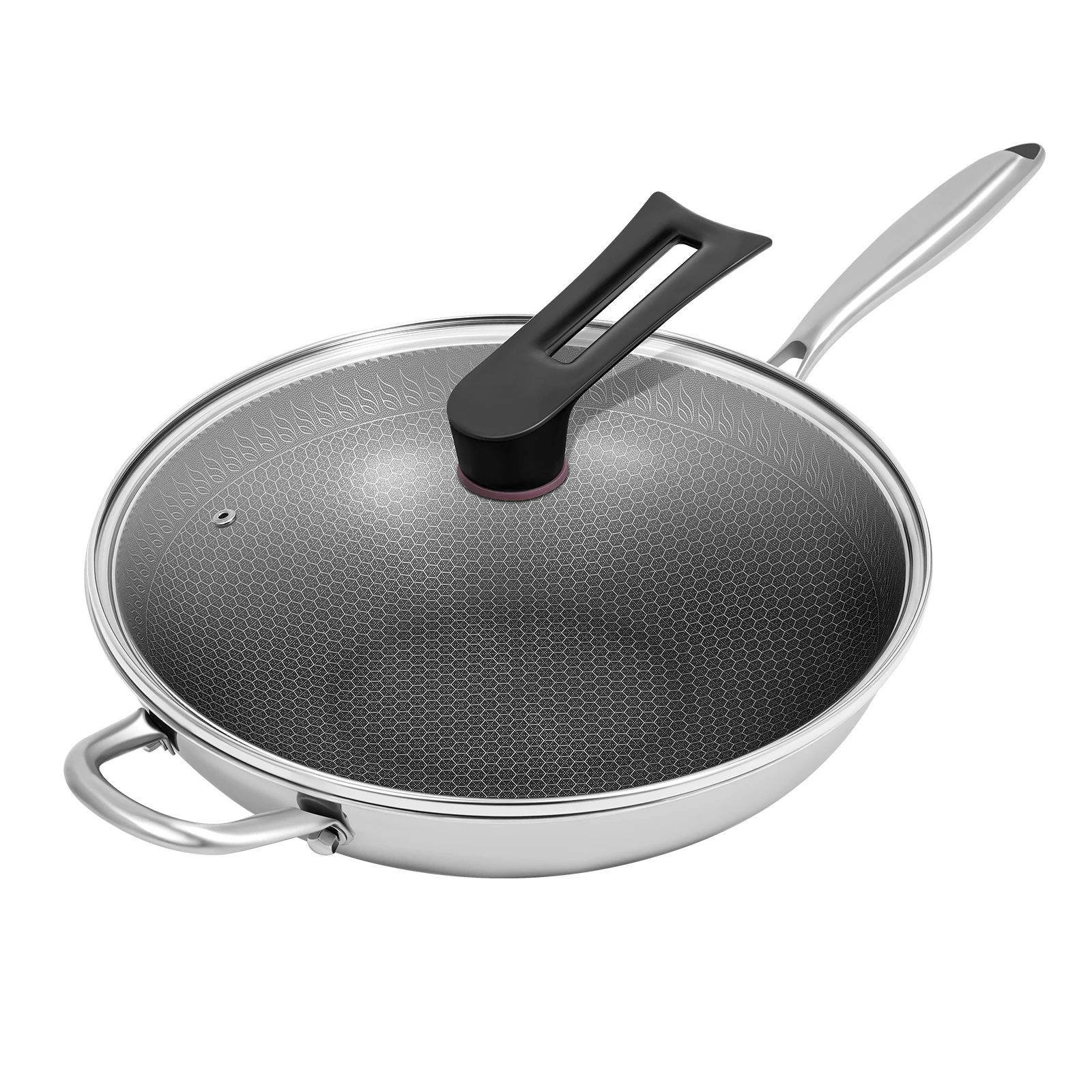 مقلاة من الفولاذ المقاوم للصدأ، وعاء من الفولاذ المقاوم للصدأ مع غطاء، مقلاة للاستخدام المنزلي، لمواقد الغاز، المواقد التعريفي، مواقد السيراميك