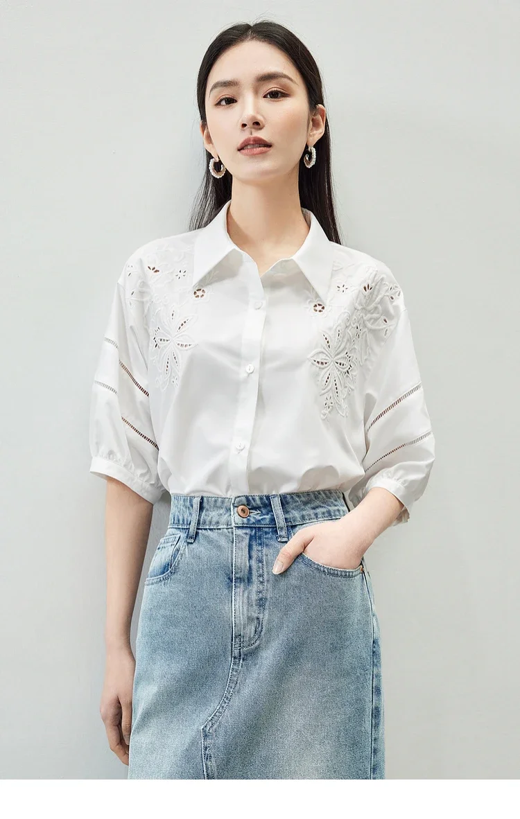 SENTUBILA White Floral Embroidery Shirts & Blouses 2024 Summer Hollow Out Three Quarter Sleeve Polo Collar Blouse 142C54093