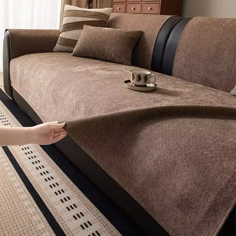 Solid Color Chenille Cat Scratch Resistant Sofa Cushion Non-slip Water&Urine Proof Seat Pads All-season Dustproof Sofa Cover