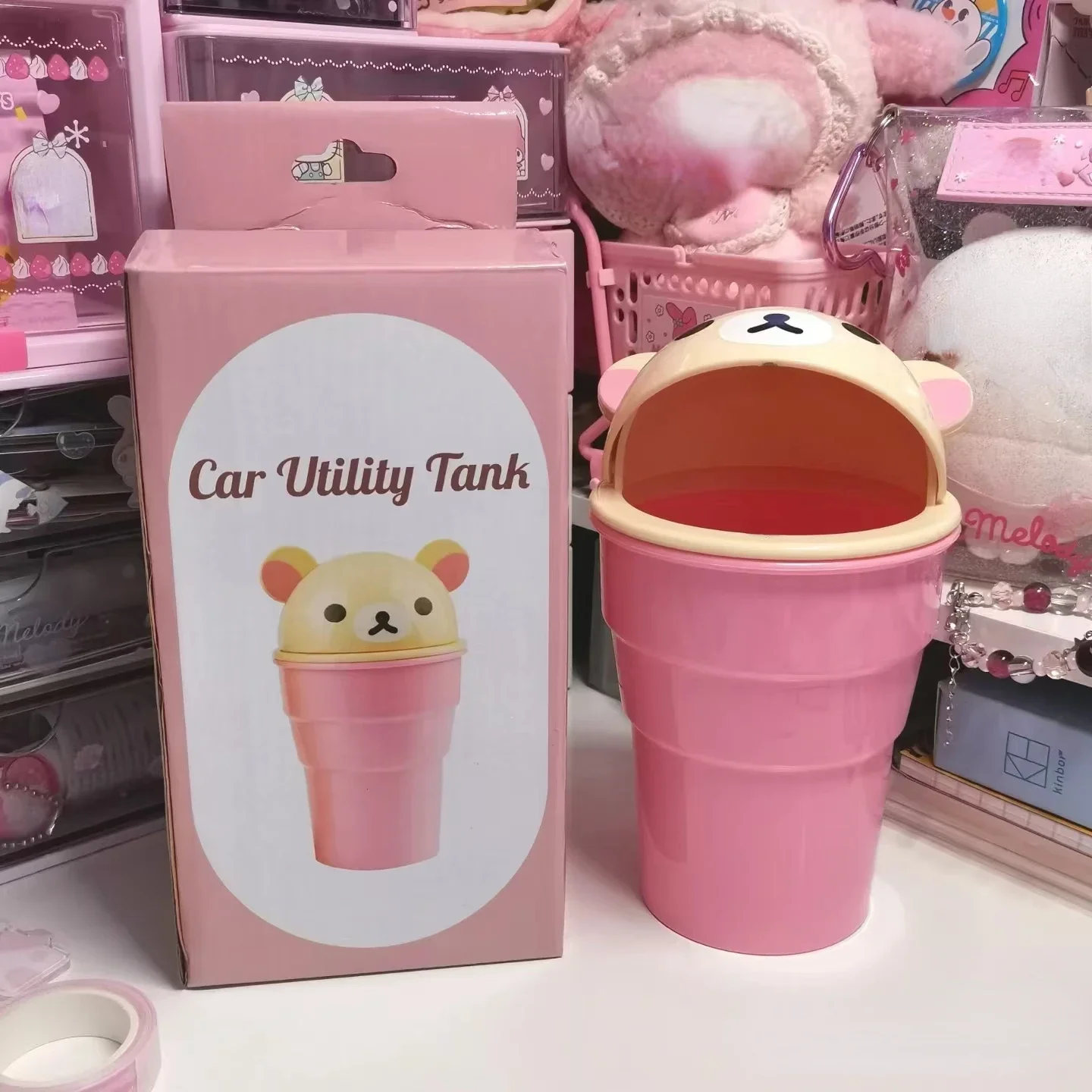 Cartoon cute Rilakkuma Creative car trash can car garbage storage cup desktop cosmetics storage pen holder desktop trash can