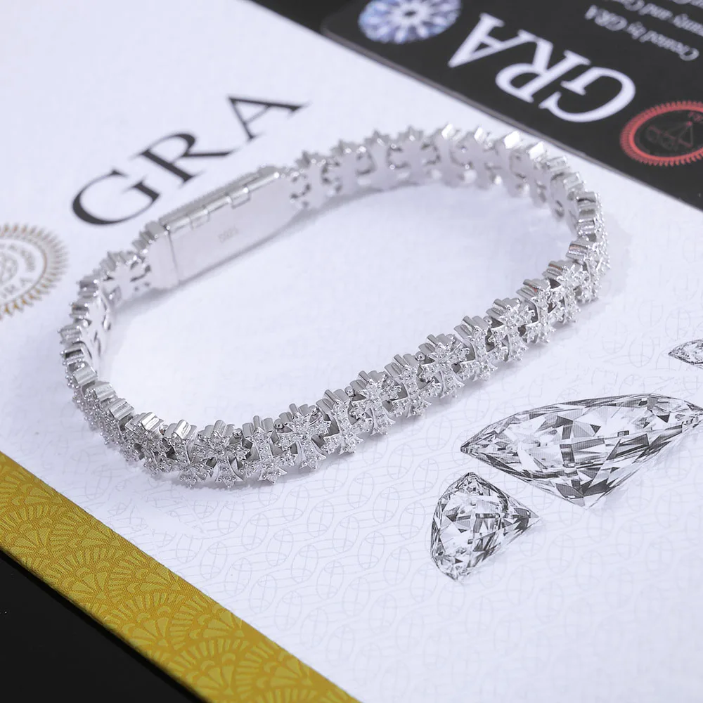 ESKEEM 925 Silver VVS Moissanite Bracelet 8MM Iced Out Diamond Snowflake Cross Chain Pass GRA Diamond Test In Stock