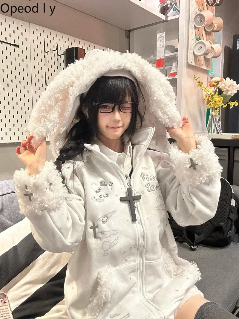 Y2K Lolita original design embroidered fur collar hooded fleece sweater cute girl Japanese winter loose casual zipper jacket