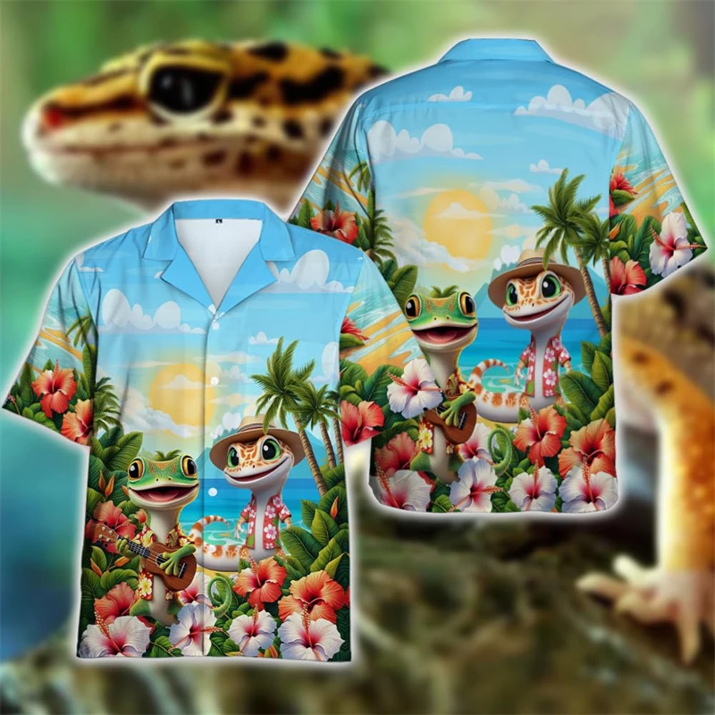 

2025 Hawaiian Beach Shirt Funny Animal Lizard Lapel Blouse Cabrite Shirts For Men Clothes Hip Hop Male Streetwear Blouses