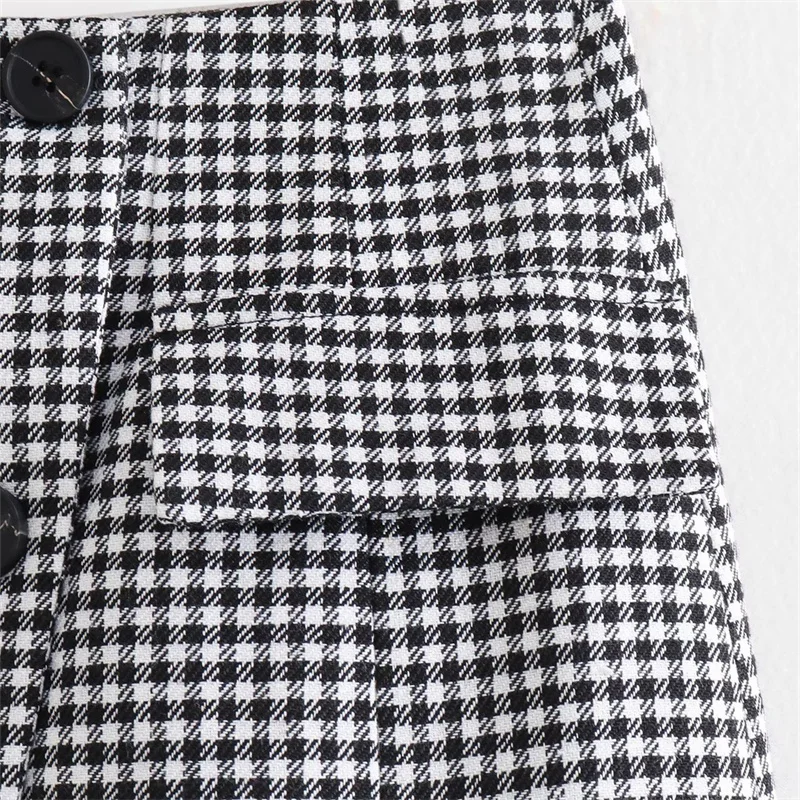 Keyanketian กระโปรง Houndstooth ของผู้หญิงใหม่ฤดูใบไม้ร่วงสไตล์วินเทจกระดุมแถวเดียวไม่สมมาตร ROK MINI ทรงเอเอวสูง