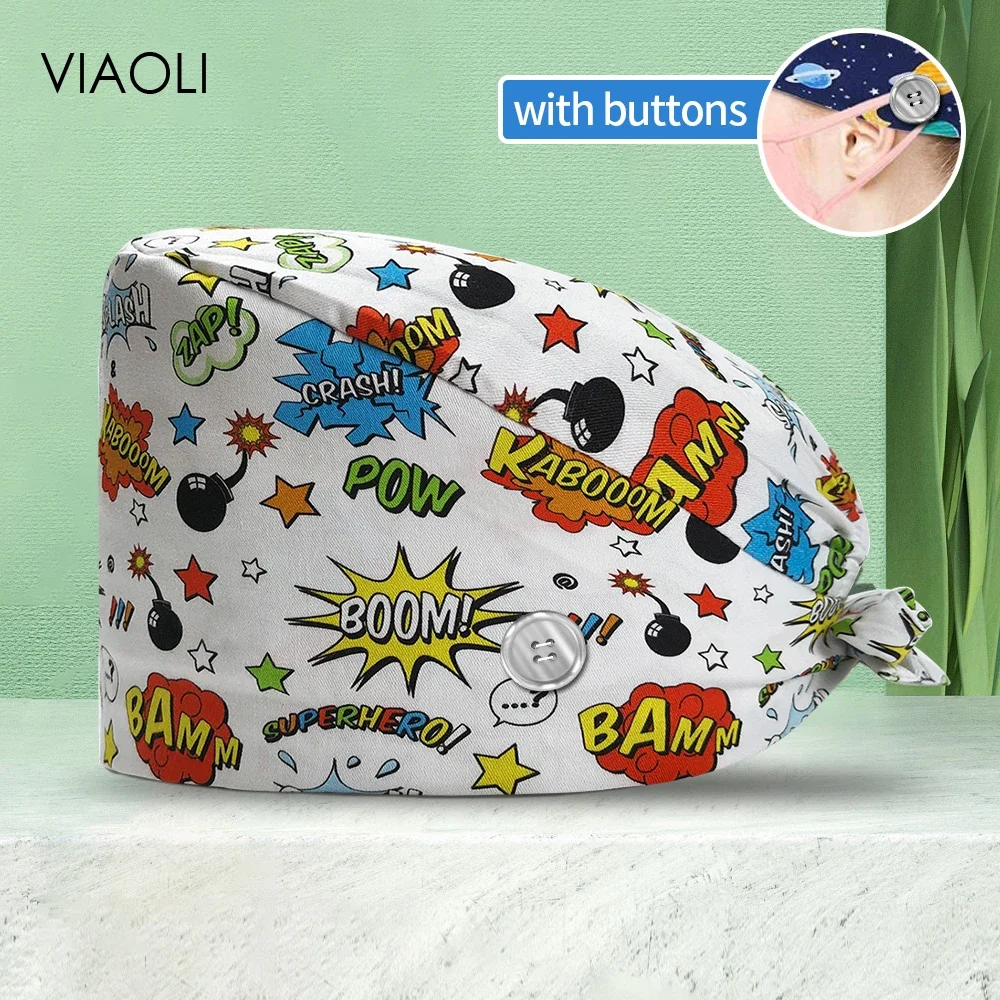 Cartoon Print Surgery Cap 100%Cotton Nurse Doctor Hat with Sweatband Operating Room Cap Pet Clinic Nurse Accessories Scrub Hats